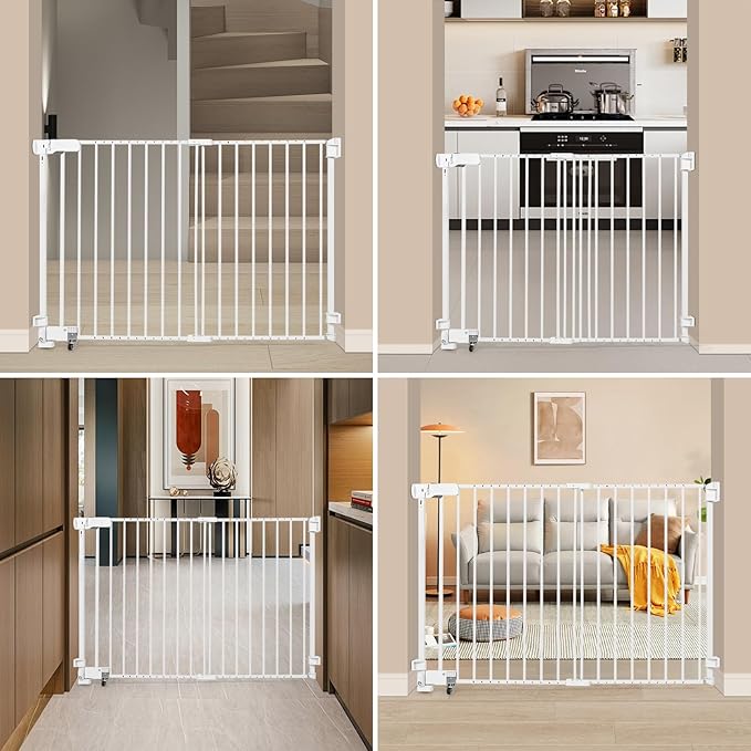 No Bottom Bar Baby Gate, 37 inch Tall Cat Pet Gate for Doorway, Adjustable 27.5in- 43 in Dog Gate with Large Walk Thru Door (White, 37inch)