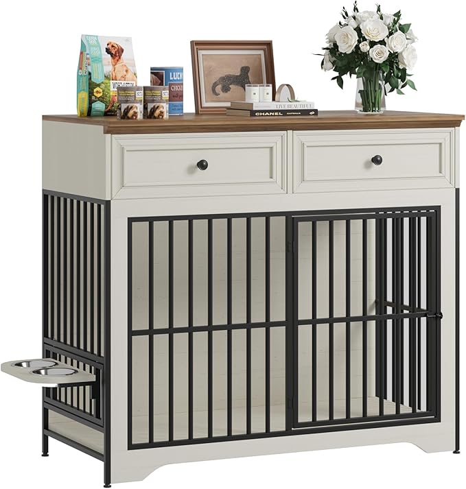 QUW 42" Modern Dog Crate Furniture, Wooden Dog Kennel for Medium to Large with 360° Rotating & 3-Levels Adjustable Height Dogs Bowl Holder, Decorative Dogs cage Pet House Indoor, Antique White