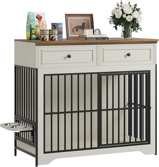 QUW 42" Modern Dog Crate Furniture, Wooden Dog Kennel for Medium to Large with 360° Rotating & 3-Levels Adjustable Height Dogs Bowl Holder, Decorative Dogs cage Pet House Indoor, Antique White