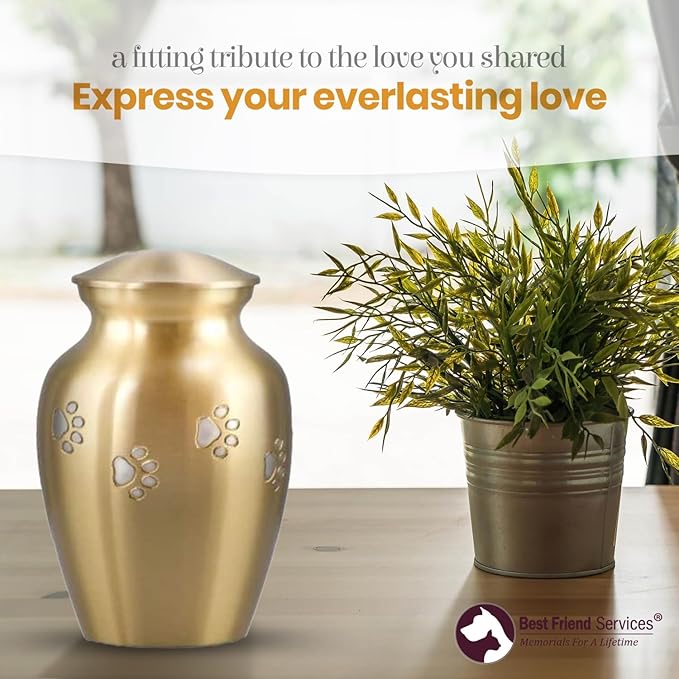 Ottillie Paws Legacy Series Pet Urn for Dogs, Handmade Brass Memorial Cremation Urn (Large - Pets up to 115 lbs, Brass, Horizontal Pewter Paws)
