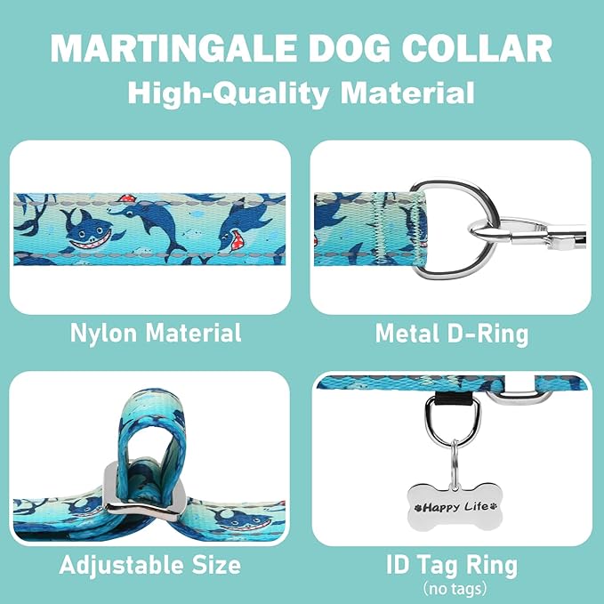 Reflective Martingale Collar for Dogs Nylon Training Collar with No Buckle, No Pull Boy Male Dog Collar for Large Dogs（Green Shark，L）