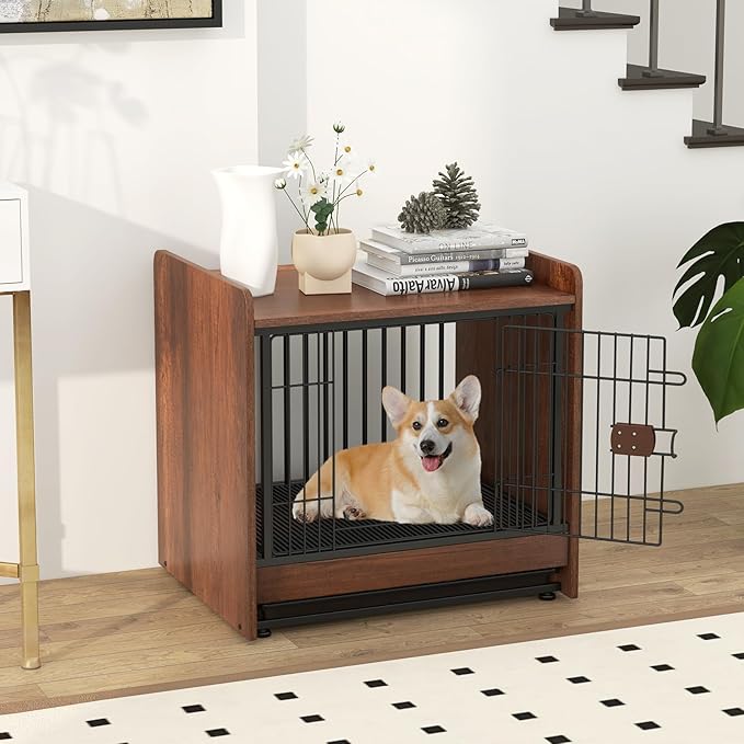 PETSITE Dog Crate Furniture, Industrial Style Dog Crate with Lockable Door, Removable Tray, Adjustable Foot Pads, Indoor Dog Kennel Side Table for Small and Medium Sized Dogs, 24.5 x 19.5 x 24 in