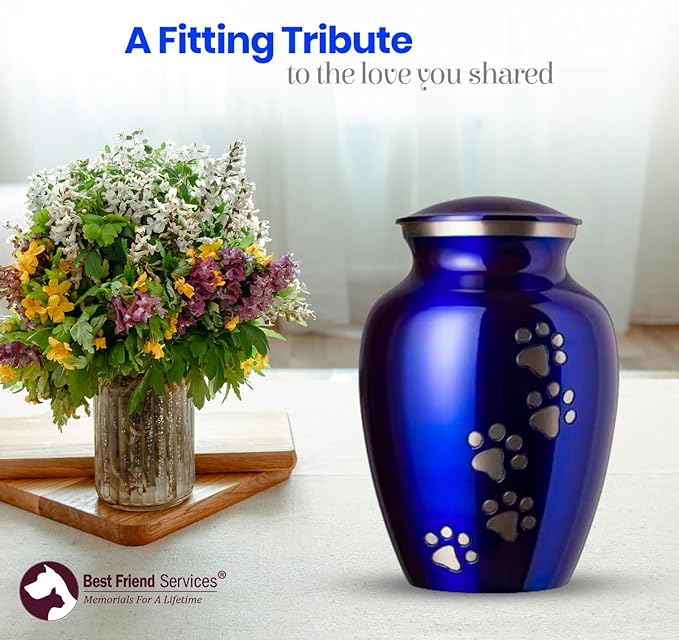 Ottillie Paws Legacy Series Pet Urn for Dogs, Handmade Aluminum Memorial Cremation Urn (Medium - Pets up to 65 lbs, Pure Blue, Vertical Pewter Paws)