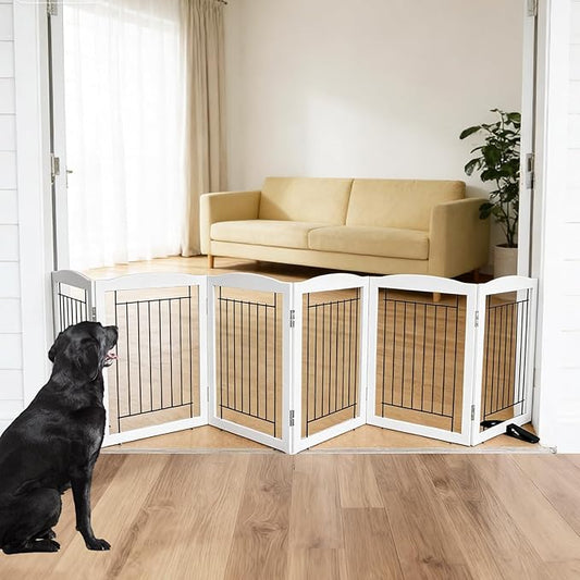 Dog Fence Indoor,Dog Gate Indoor for Doorway pet gate - 6-Panel Freestanding, Hallways, House or Stairs -120x24-Inch Retractable Foldable Expandable Wood Pet by SFJC (White)