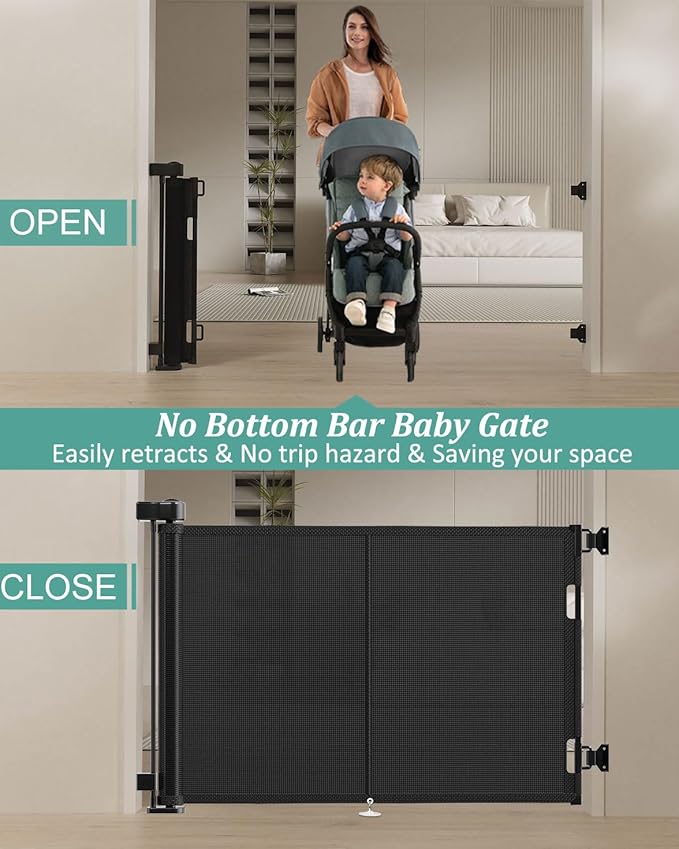 59 inch Retractable Baby Gates 42 inch Tall, Retractable Gate with Reinforced Strip Design to Prevent Crawling Through, 5 FT Retractable Dog Gate for Stairs, Doorways, Hallways, Indoor/Outdoor