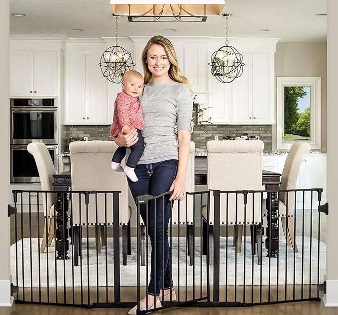 Regalo 2-in-1 Extra Tall Easy Swing Stairway and Hallway Walk Through Baby Gate, Black 1 Count & Deluxe Home Accents Widespan Safety Gate, 74.5" W x 28" H, Includes 4 Wall Mounts, Black