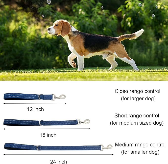 Thick Dual Padded Handle for Dog Training Control, 18 Inches Traffic Dog Leash Short with Reflective Stitching, Heavy Duty Short Hand for Small to Strong Sized Dogs Training Leash Blue 1.5FT