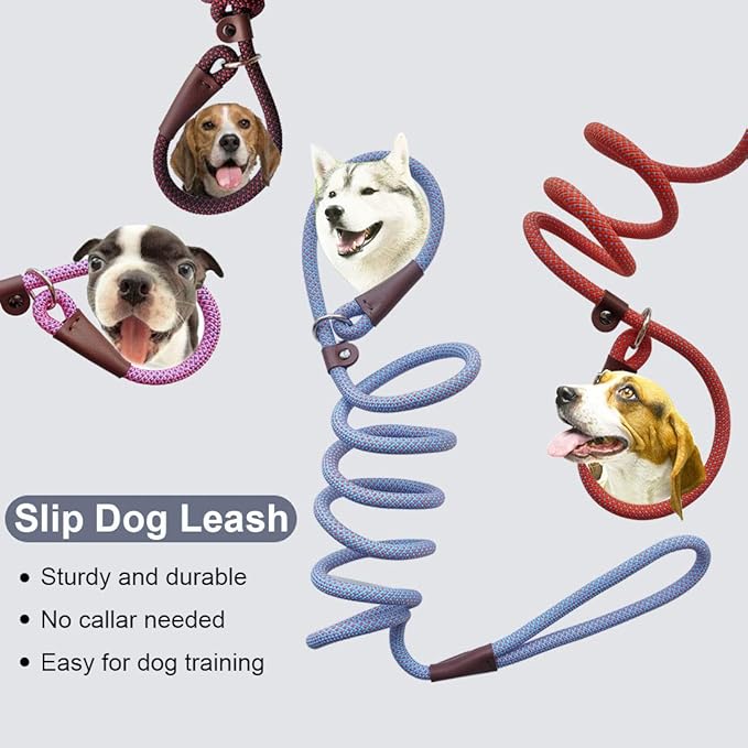 BTINESFUL 7ft Slip Lead Dog Leash, 1/4" Dog Training Leash for Small Medium Dogs, 14+ Colors, Nylon Rope No-Pull Lead