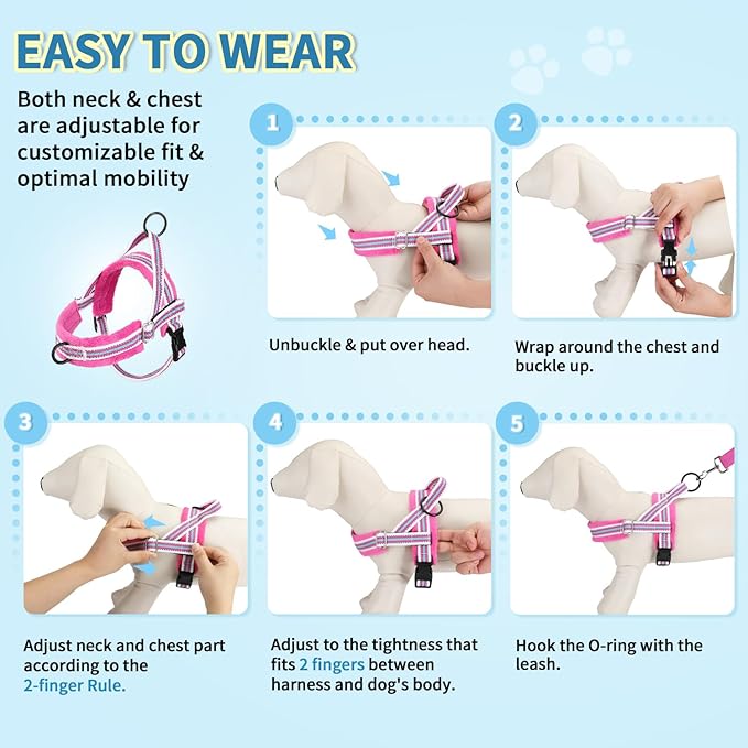 Lukovee No Pull Dog Harness and Leash Set, Soft Padded Small Dog Harness, Neck & Chest Adjustable Reflective Vest Puppy Harness with 4ft Lightweight Anti-Twist Dog Leash for Small Dogs (M, Fuschia)