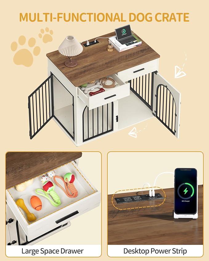 43.3'' Large Dog Crate Furniture with 2 Storage Drawers, Heavy Duty Dog Kennel Indoor with Charging Station, Wooden Dog Cage End Table Kennel for Medium/Large Dogs, White Brown DFC88214B