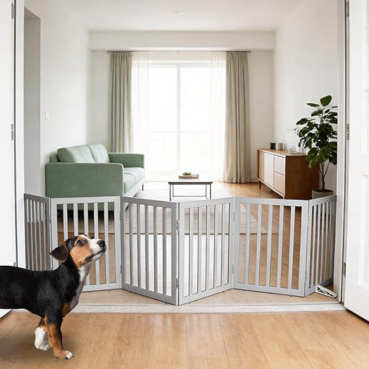 ZJSF Freestanding Indoor Dog Gate for House Foldable Wood Puppy Gate for Doorways Pet Gate for Stairs Extra Wide Pet Fence, Grey, 24" Height 6 Panels