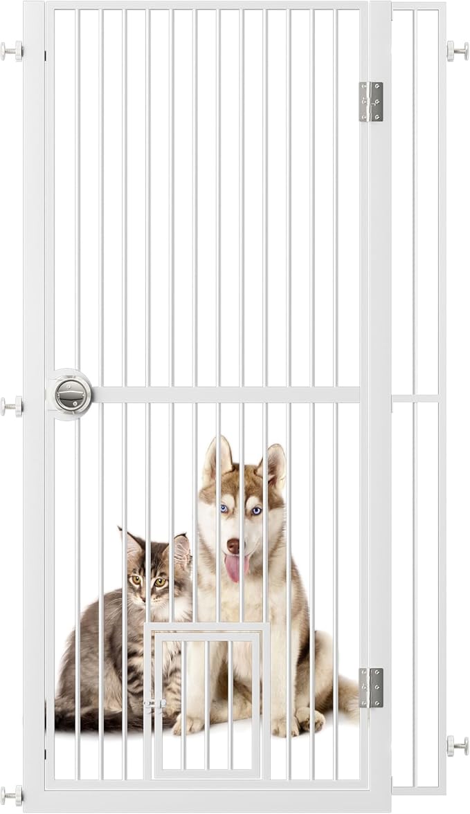 61" Extra Tall Cat Gate for Doorway, 34.3"-36.7" Adjustable Wide Dog Door with Cat Door, 1.37" Gap for Pet Gates, Suitable for Doorways or Kitchen, No Drilling Pressure Mount Kit, White