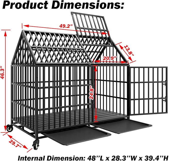 50 inch Indestructible Heavy Duty Dog Crate with 2 Bowls, Escape-Proof Indoor Impact Dog Cage for Large Giant Dogs, High Anxiety Pet Kennel with 2 Trays, 4 Wheels, 4 Locks and Double Door, XL XXL