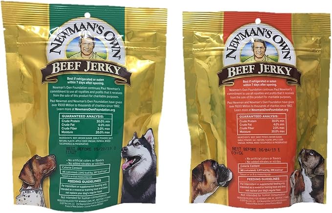 Newman's Own Beef Jerky Treats for Dogs, Bundle of 2 Flavors, Original Recipe and Beef & Sweet Potato Recipe, 5oz each