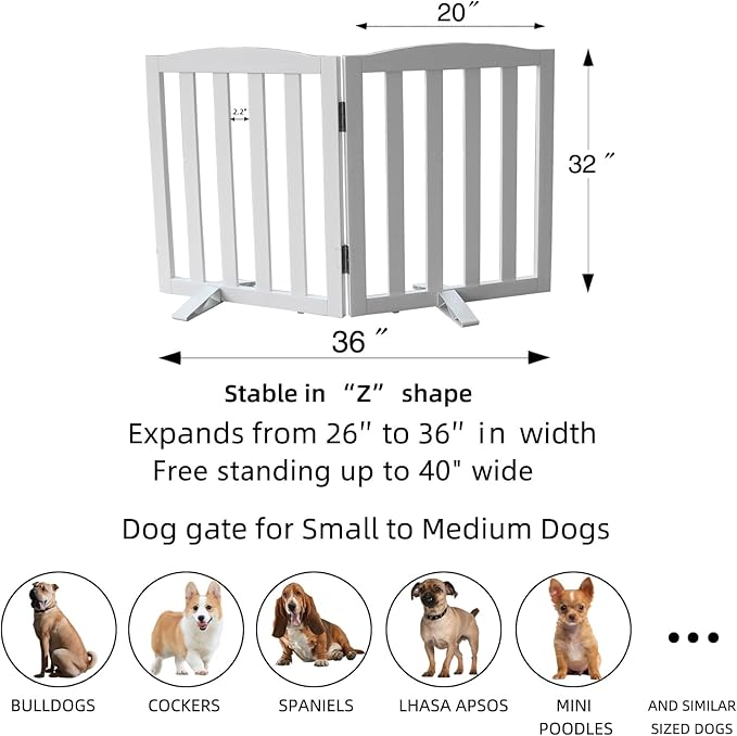 Freestanding Dog Gate Indoor, Doggie Gate Foldable Dog Gates for Doorways,Stairs or Hallways, Wooden White Pet Gate for the House,Pet Fence with Support Feet Included, 32 "Height-2 Panels