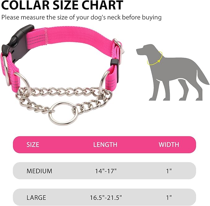 Martingale Dog Collar with Quick Release Buckle Steel Chain No Pull Training Reflective Collar for Medium Large Dogs(Pink, Large)