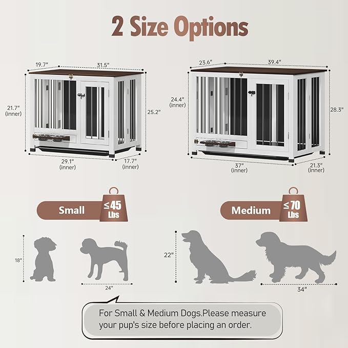 Dog Crate - 31.5" Wooden Dog Kennel Furniture with 360° Rotating Feeder & Removable Tray | Multi-Functional End Table for Medium & Small Dogs, White Dog Cage Indoor, Portable Pet Furniture