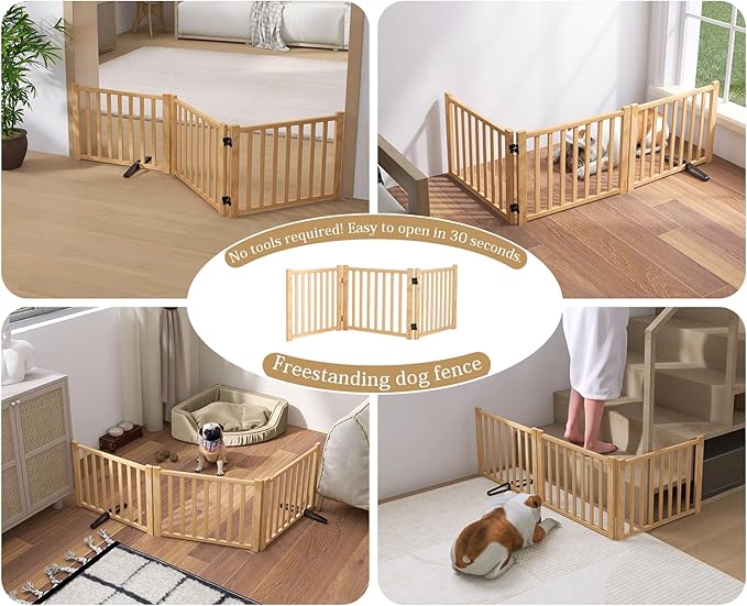 Solid Wood Freestanding Pet Gate,Nature Wood Dog Gates for Doorways The House,Pet Gate for Stairs,Freestanding Indoor Gate Safety Fence,16.9" Height-3 Panels