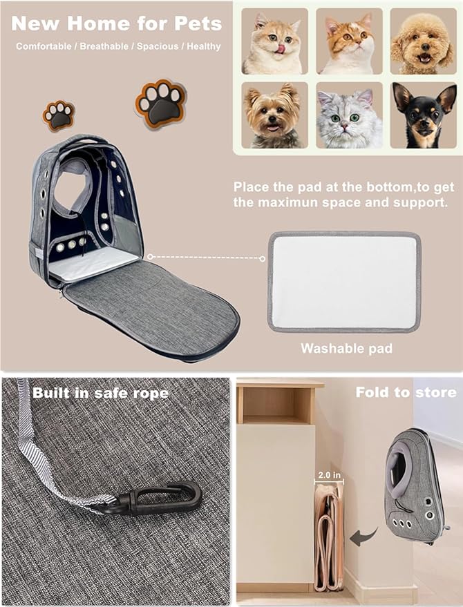 Pet Dog Backpack Carrier Small Doggy Front Backpack,Large Space Cat Carrier Backpack,Ventilated for Hiking,Camping,Travel,Suitable for Shopping and Vet,Max 12 lbs(‌Gray)