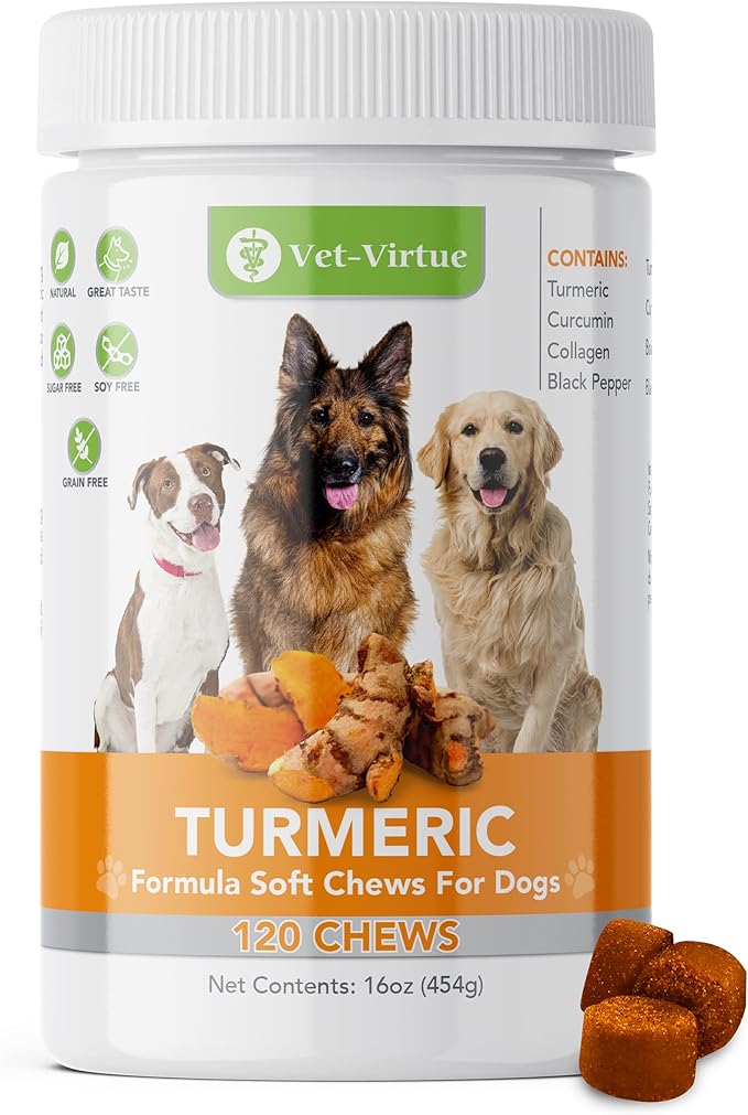 Turmeric for Dogs Anti Inflammatory Pain Relief | Organic Curcumin Dog Supplement with Collagen & Bioprene, Anti Inflammatory for Dogs, Supports Hips, Joints & Mobility | 120 Count