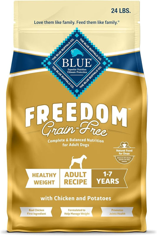 Blue Buffalo Freedom Grain-Free Healthy Weight Dry Dog Food, Complete & Balanced Nutrition for Adult Dogs, Made in the USA with Natural Ingredients, Chicken & Potatoes, 24-lb Bag