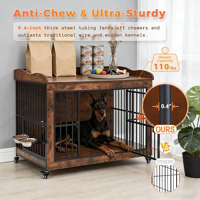 42" Furniture Dog Crates for Medium/Large Dogs, Wooden & Steel Decorative Dog Kennel Furniture with Storage Platform, Indoor Pet House Cage End Tables, TV Stands, Rustic Brown