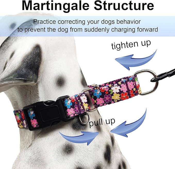 Reflective Martingale Collar for Dogs with Buckle Pretty Fancy Female Floral Dog Collars (Japanese Blossoms, XSmall)