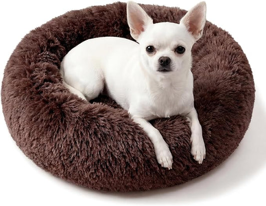 Calming Donut Dogs Beds for Small Dogs Washable,19inch Fluffy Round Puppy Bed for Puppies,Cats & Toy Breeds with Raised Rim,Fits up to 15 lbs Pets,Chocolate Brown