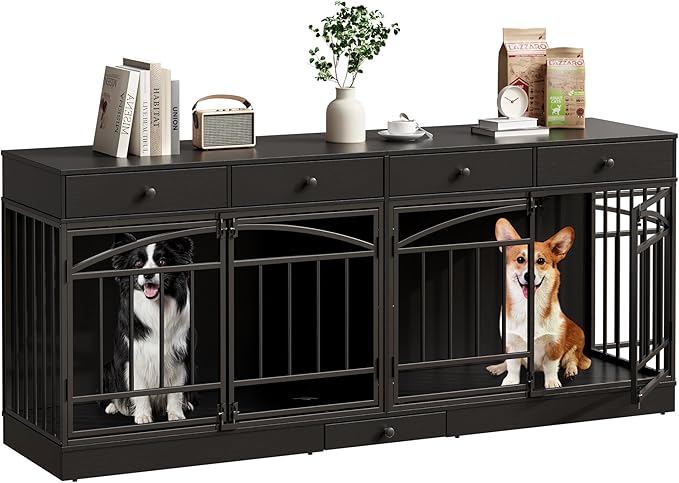 IDEALHOUSE 78.7" Double Dog Crate Furniture with Storage and 4 Doors, Dog Kennel Indoor with Feeding Bowls, Wood Dog Crate TV Stand for Small Medium Dogs, Black