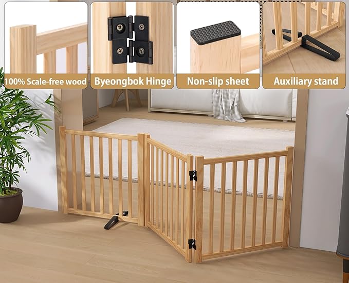 Solid Wood Freestanding Pet Gate,Nature Wood Dog Gates for Doorways The House,Pet Gate for Stairs,Freestanding Indoor Gate Safety Fence,23" Height-3 Panels