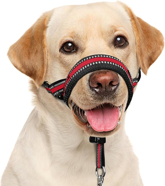 BARKLESS Soft Dog Head Collar, Patented Padded No Pull Head Halter, Training Nose Leash with Safety Link for Medium Large Dogs, Adjustable Muzzle Leash, Easy Control for Walking (M, Red)