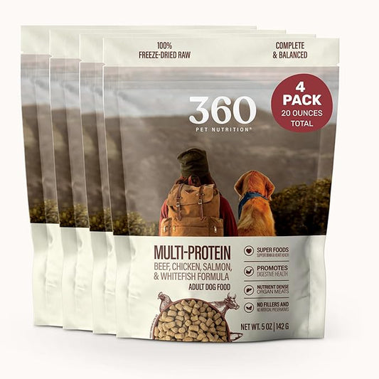 360 Pet Nutrition Freeze-Dried Raw Dog Food – Multi-Protein with Beef, Chicken, Fish, Liver & Organs, High Protein Omega-3s Fruits Veggies & Superfoods Grain-Free, No Fillers, 4 x 5 oz – Made in USA