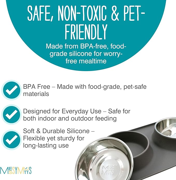 Messy Mutts Double Silicone Feeder with Stainless Bowls | Non-Skid Food Dishes for Dogs for All Pets | Dog Food Bowls | Medium, 1.5 Cups Per Bowl | Grey
