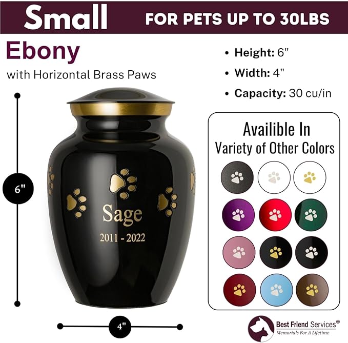 Ottillie Paws Premier Series Pet Urn for Dogs and Cats with Personalized Laser Engraving (Small - Pets up to 25 lbs, Ebony with Horizontal Brass Paws)