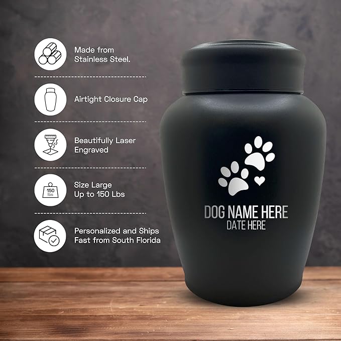 Personalized Custom Dog Urn Engraved Dog Name and Date - Stainless Steel Large Cremation urns for Dogs Ashes with Airtight Closure | up to 150 lbs Capacity | Dog Paws