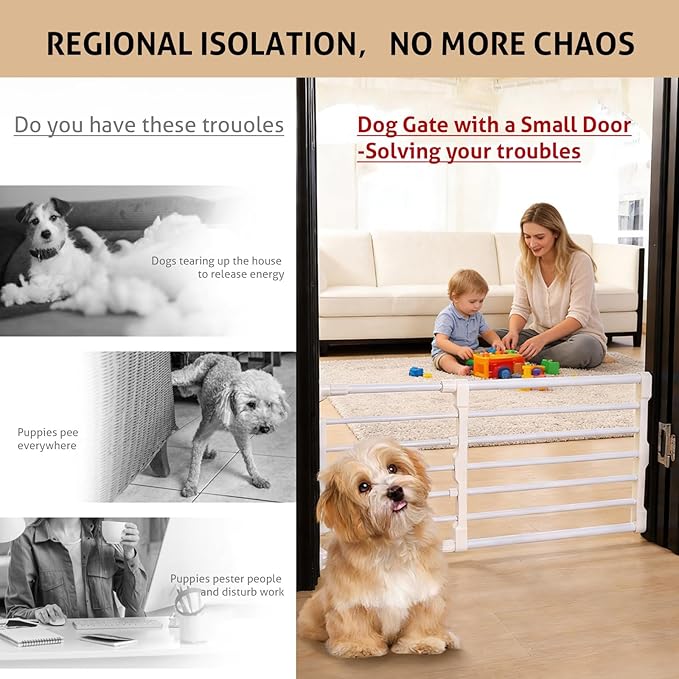Dog Gate with Small Cat Door for Small Dogs Puppies 23.6-38 Inch Wide Adjustable Portable Pet Barrier with Pet Door Metal Gates for Doorways Stairs