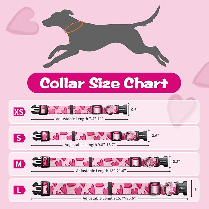 Kazazoo Dog Collar Cute and Soft Nylon Puppy Collar Girl, Adjustable Dog Collars for Small Medium Dogs, Hot Pink Heart-S