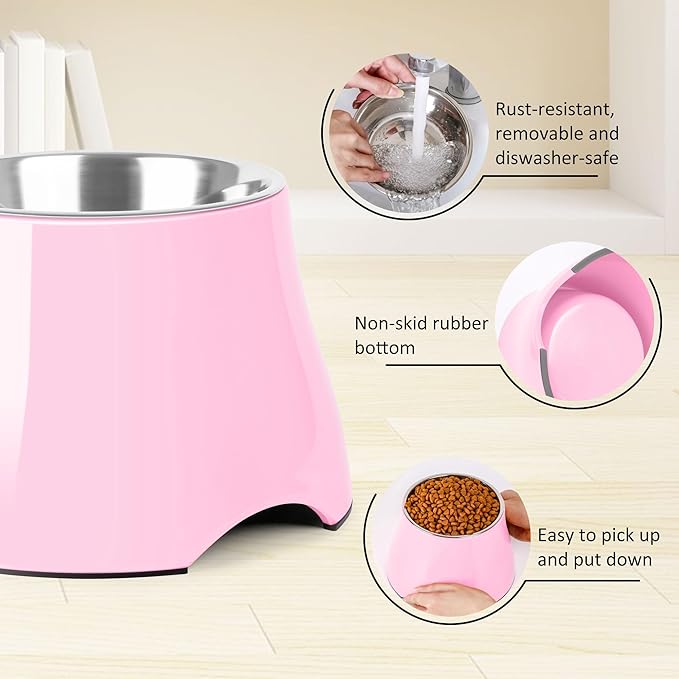 Dog Bowls,Cone Friendly Non Slip Single Dog Bowl with Stainless Steel Inner, Raised Bowls for Smll Dogs Spaniel Dogs Long Ear, High Capacity, S/1 Cup Pink