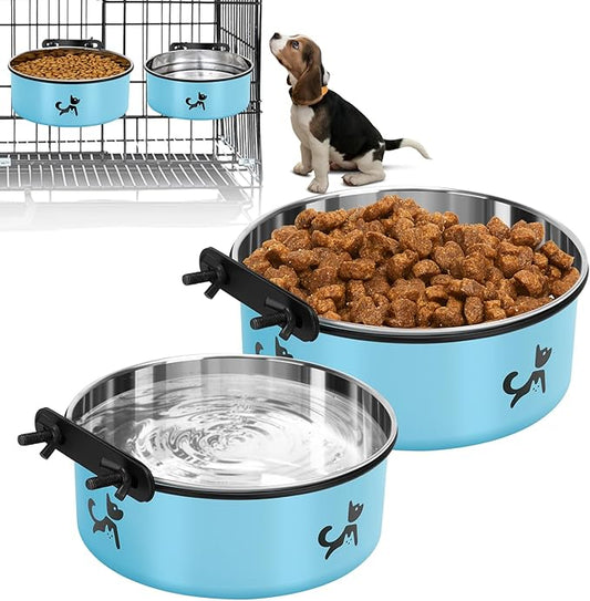 Dog Crate Bowls Hanging No Spill, 2 Pack Dog Crate Water Bowl, Kennel Food Bowls Mountable for Crates, Large Stainless Steel Pet Cage Accessories Feeder Coop Cup Dish for Puppy Bunny Guinea Pig Ferret