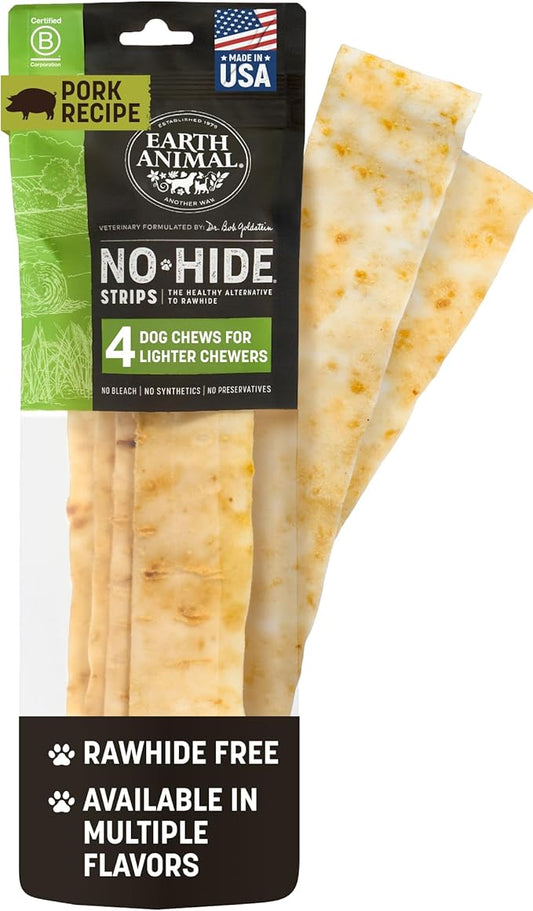 Earth Animal No Hide Strips - Natural Rawhide Free Dog Chew Strips, Pork - 4 Count