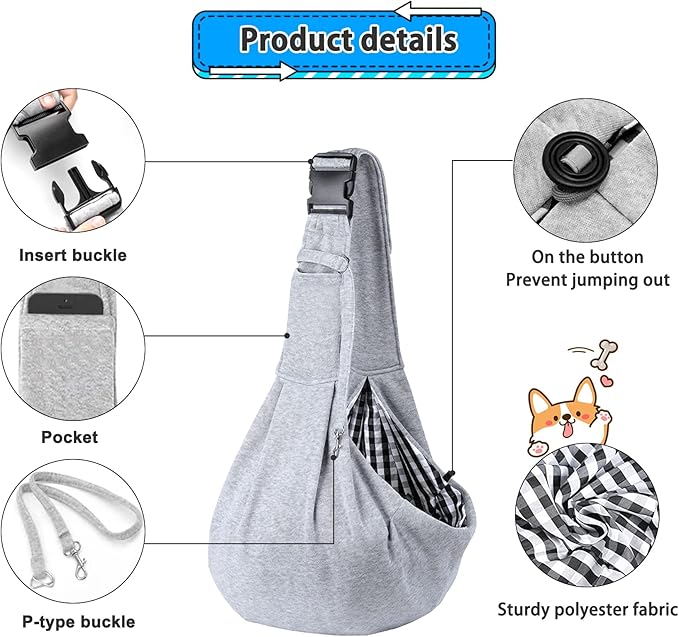 Kanemc Dog Sling Carrier for Small Dogs Cat Puppy Pets Up to 16.5lbs, Comfy Hard Bottom Support, Adjustable Padded Shoulder Strap, Hands-Free Dog Carrier Sling Bag for Outdoor Travel