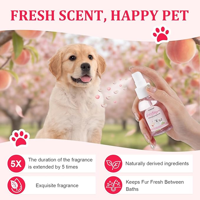 Premium Pet Cologne, White Peach & Oolong Tea Dog Perfume, Sweet Scent Long-Lasting Fragrance, Alcohol-Free Grooming Spray for Dogs and Cats, 2.37 fl oz