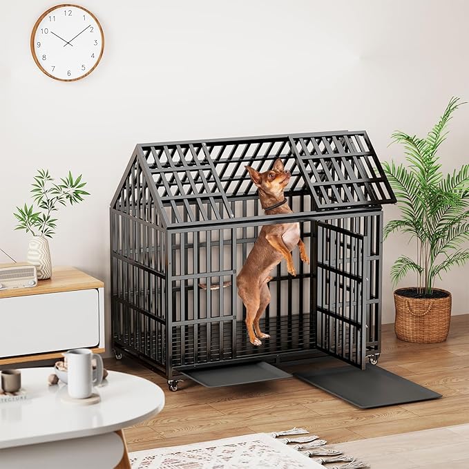 52 Inch Heavy Duty Dog Crate with Wheels, Indestructible Escape-Proof Dog Kennel with Reinforce Locks and Double Door, Extra Large XL XXL Cage Indoor for Large Giant Dog with Removable Tray