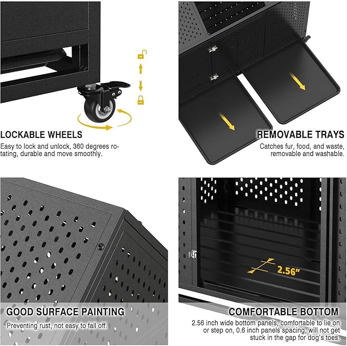 44 Inch Heavy Duty Indestructible Dog Crate with Wheels, Steel Escape-Proof Indoor Double Door High Anxiety Cage, Durable Chew-Proof Kennel with Removable Tray for Large Medium Dogs