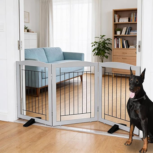 Dog Fence Indoor,Dog Gate Indoor for Doorway pet gate -3-Panel Freestanding, Hallways, House or Stairs -60x24-Inch Retractable Foldable Expandable Wood Pet by SFJC (Grey) ﻿