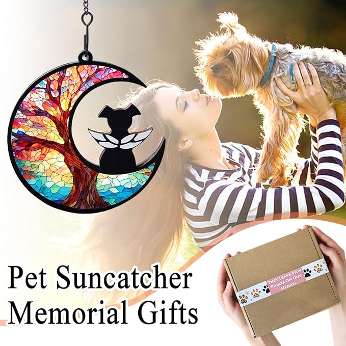 Dog Angel Memorial Suncatcher with Rainbow Bridge Poem Card, Pet Sympathy Gifts for Loss of Dogs and Cats, Life Tree