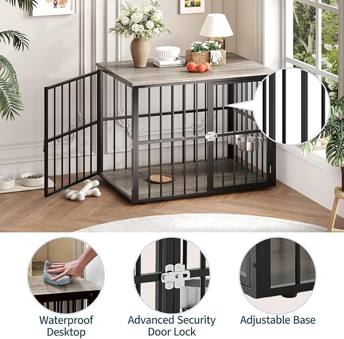 43" Dog Crate Furniture, Wooden Dog Crates with Double Doors and Lockable Kennel, Heavy Duty Indoor Pet House Side End Table for Medium and Large Dogs