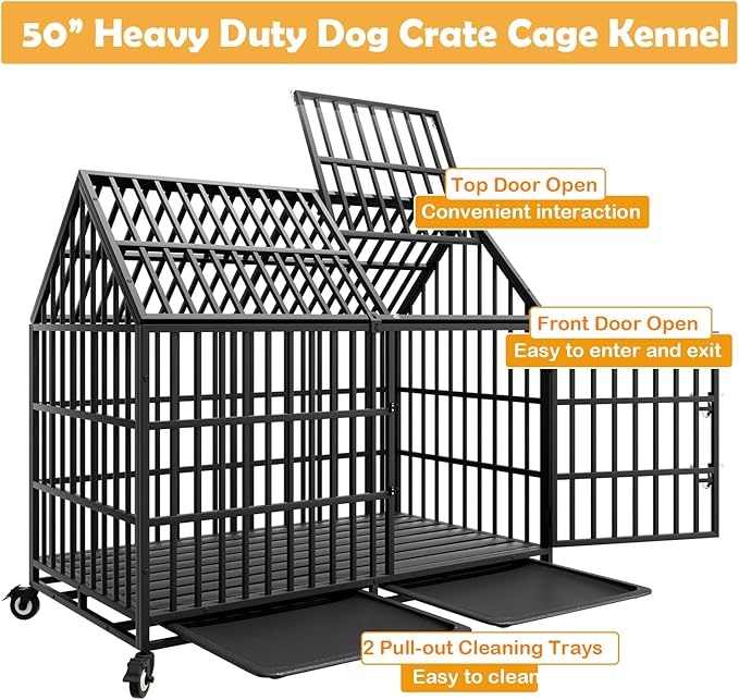 50 inch Heavy Duty Dog Crate with 2 Bowls and 4 Wheels, Indestructible Escape-Proof Steel Pet Kennel Cage Indoor for High Anxiety Dogs with 4 Sturdy Locks, Double Door and 2 Trays, Extra Large XL XXL