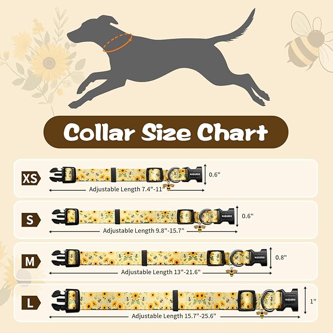 Kazazoo Dog Collar Cute and Soft Nylon Puppy Collar for Boy and Girl, Adjustable Dog Collars for Medium Large Dogs, Bees and Sunflowers-L