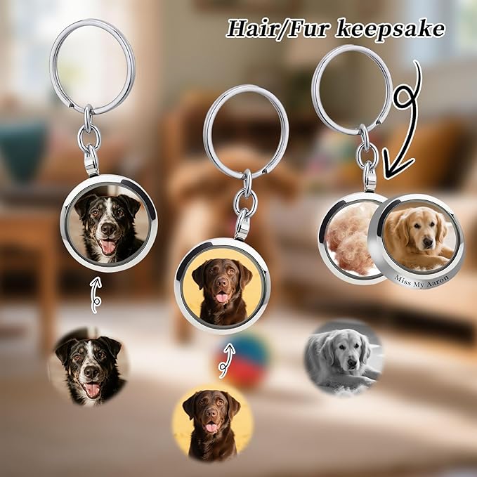 Personalized Locket Keychain Dog Hair Keychain Memorial Pet Fur Keepsake with Name Photo Custom Locket for Ashes Portrait Cremation Jewelry for Pet Loss of Dog Cat Sympathy Remembrance Gift